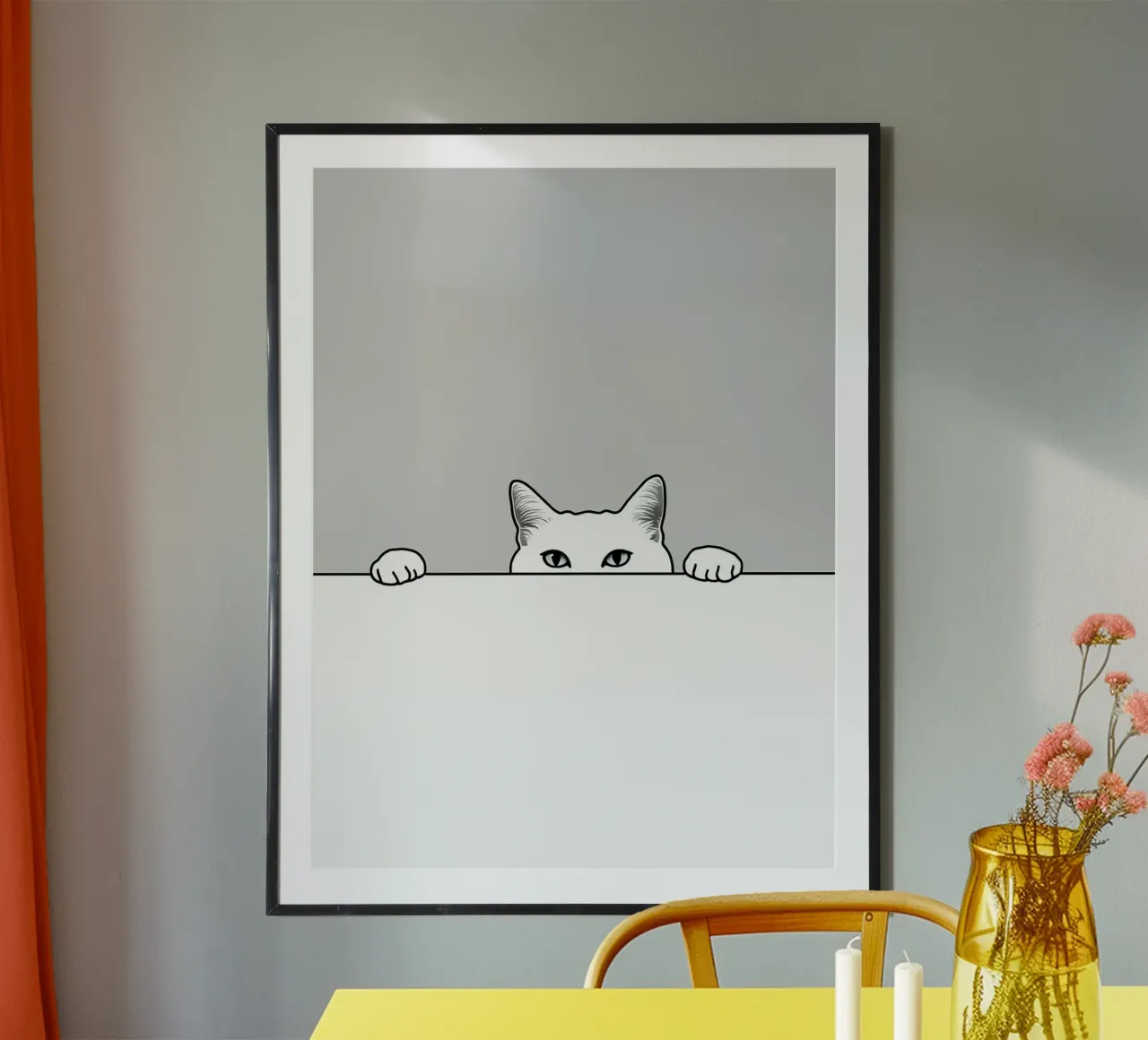 Disegno di linea minimalista di un gatto che fa capolino poster da Viv Line Art