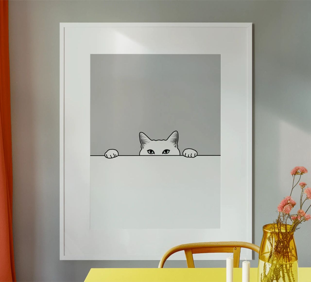 Dessin au trait minimaliste d'un chat qui regarde dans le vide - Abstrait moderne poster de Viv Line Art
