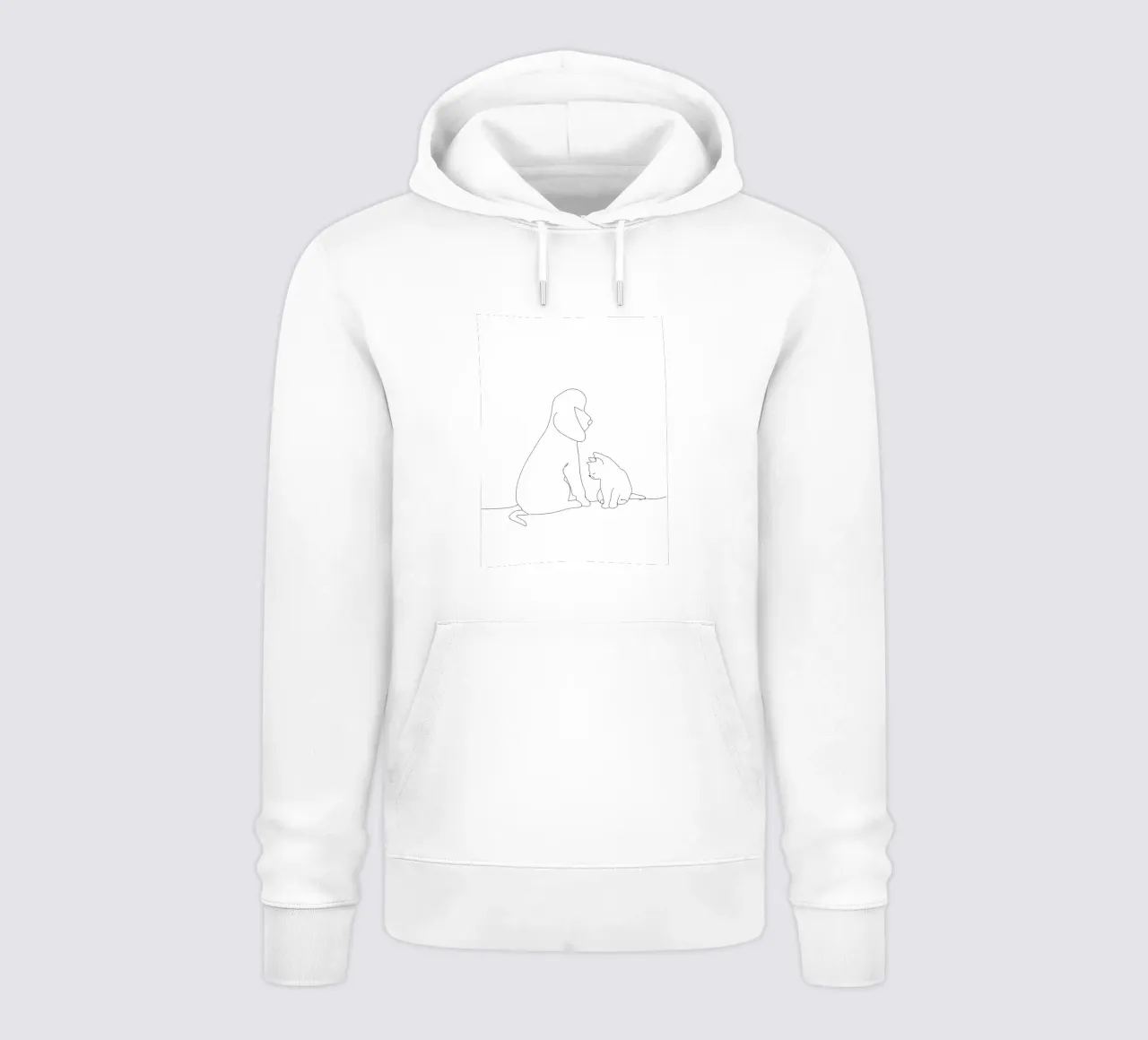 Disegno lineare minimalista di un cane e un gatto seduti insieme felpa con cappuccio da Viv Line Art