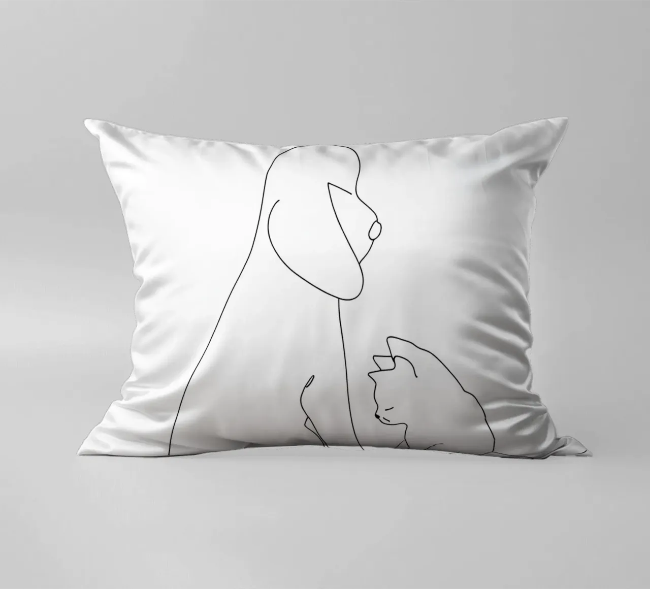 Disegno lineare minimalista di un cane e un gatto seduti insieme cuscino da Viv Line Art