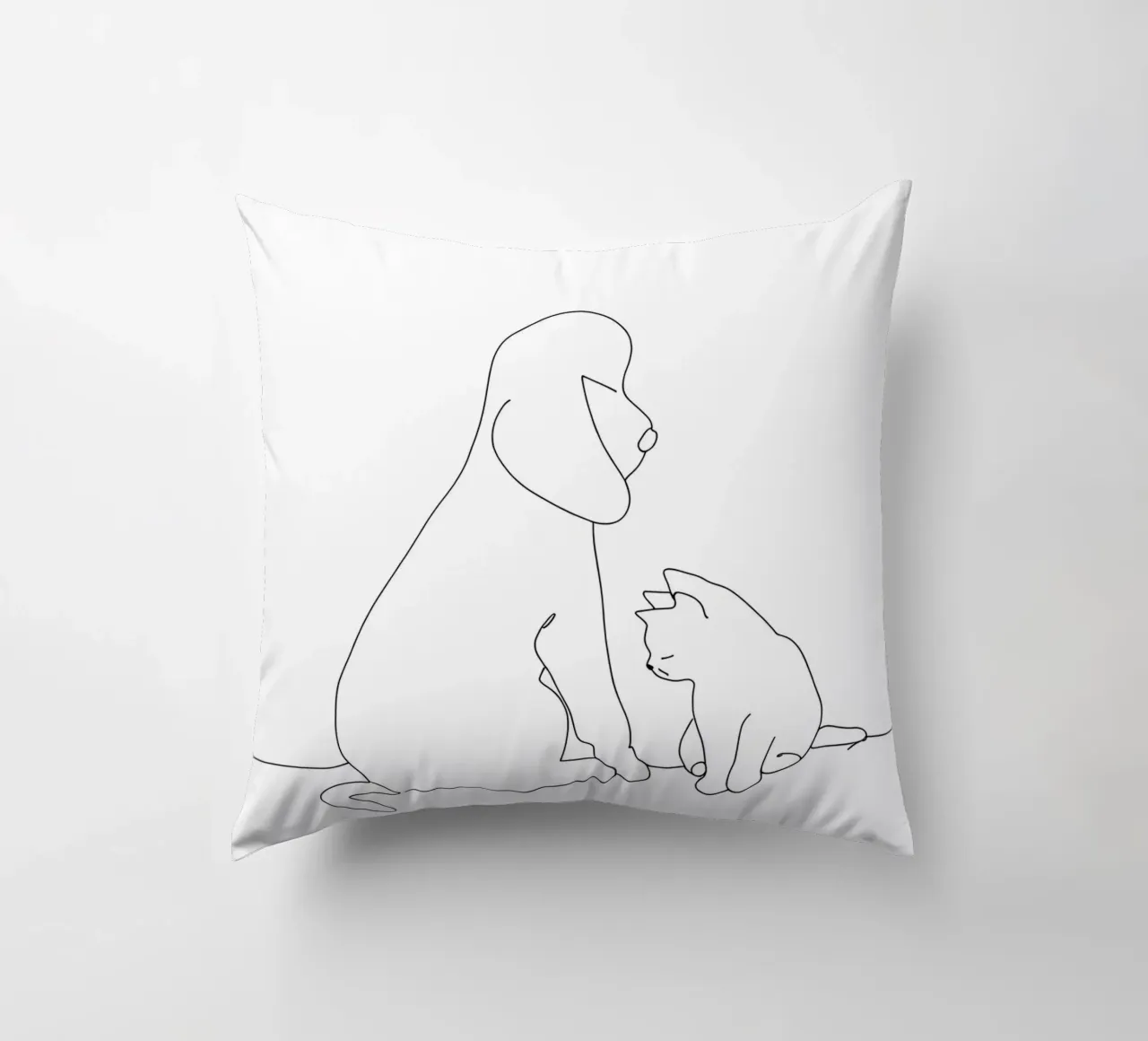 Disegno lineare minimalista di un cane e un gatto seduti insieme cuscino da Viv Line Art