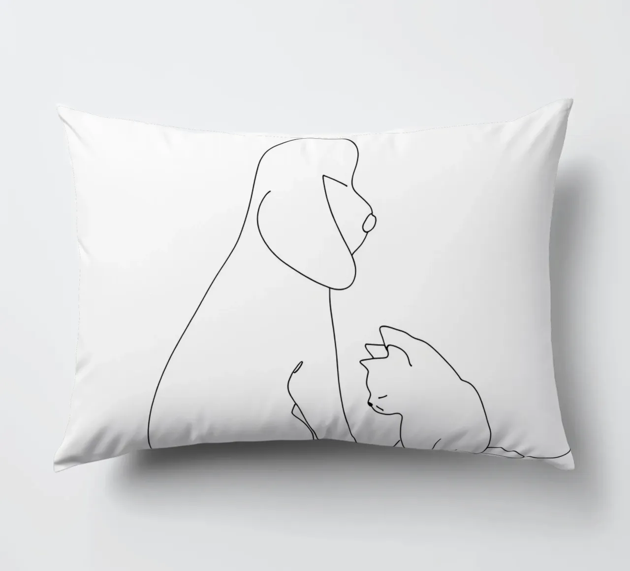 Disegno lineare minimalista di un cane e un gatto seduti insieme cuscino da Viv Line Art