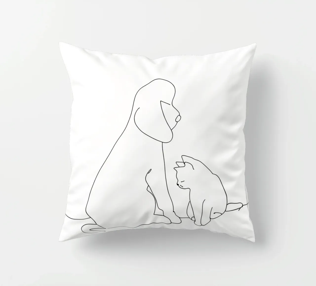 Disegno lineare minimalista di un cane e un gatto seduti insieme cuscino da Viv Line Art