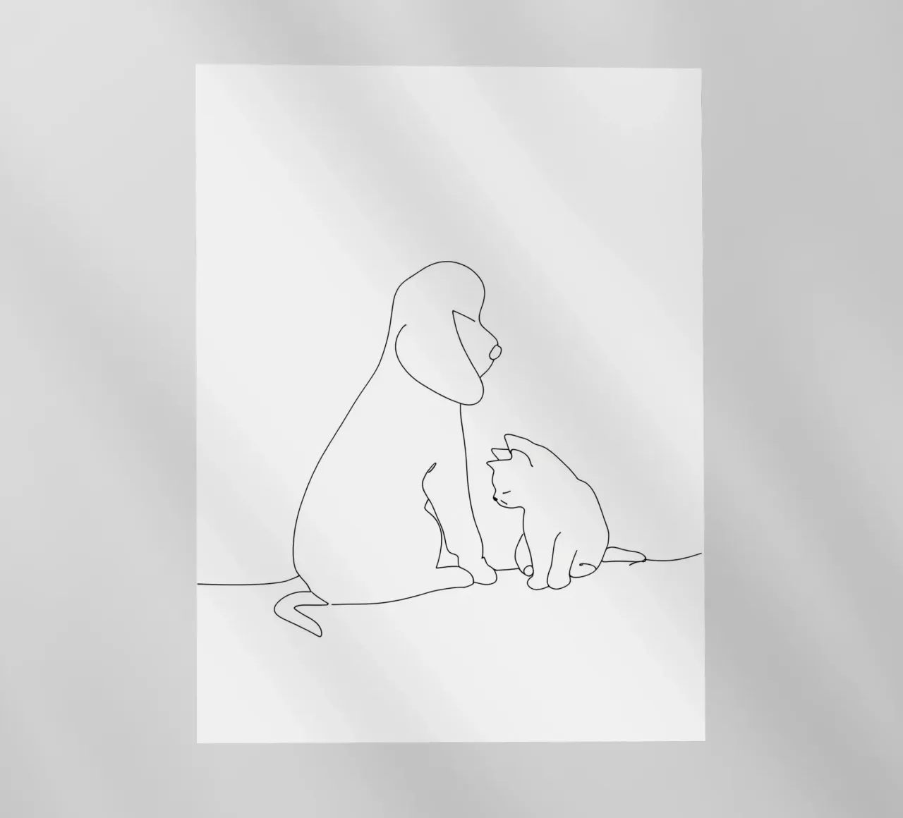 Minimalist Line Drawing of a Dog and Cat Sitting Together backlit film by Viv Line Art