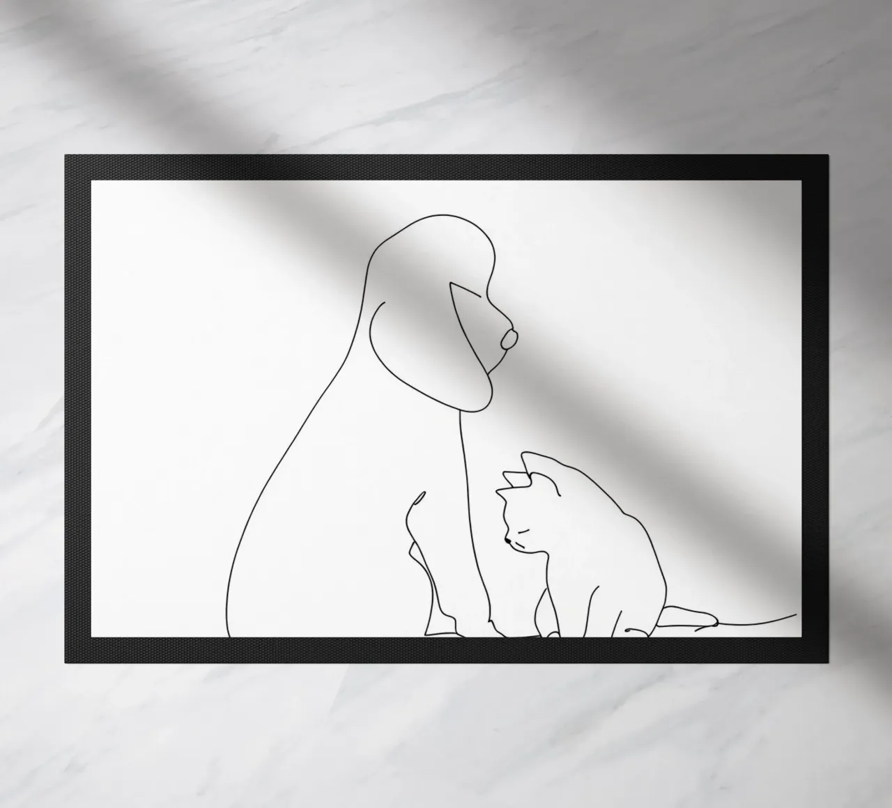 Dessin minimaliste d'un chien et d'un chat assis ensemble paillasson de Viv Line Art