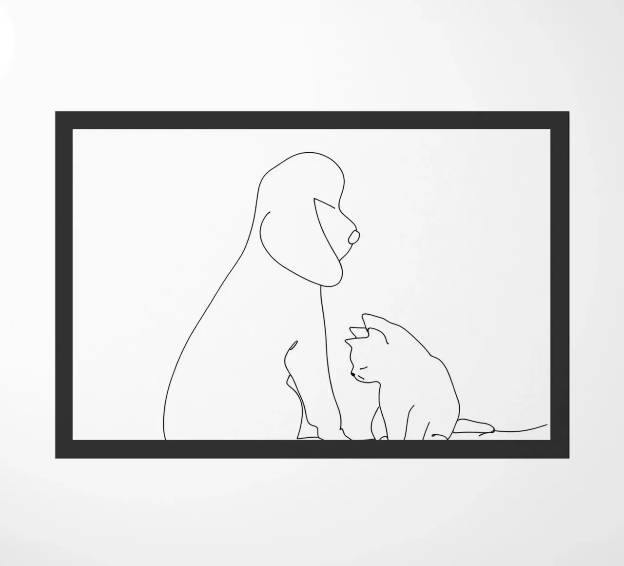 Dessin minimaliste d'un chien et d'un chat assis ensemble paillasson de Viv Line Art