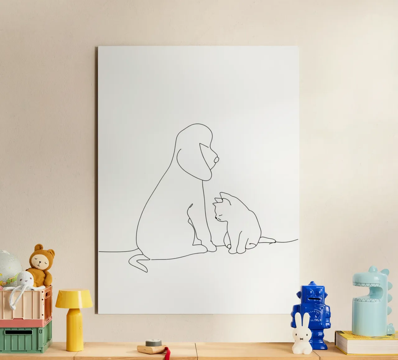 Minimalist Line Drawing of a Dog and Cat Sitting Together alu-dibond by Viv Line Art