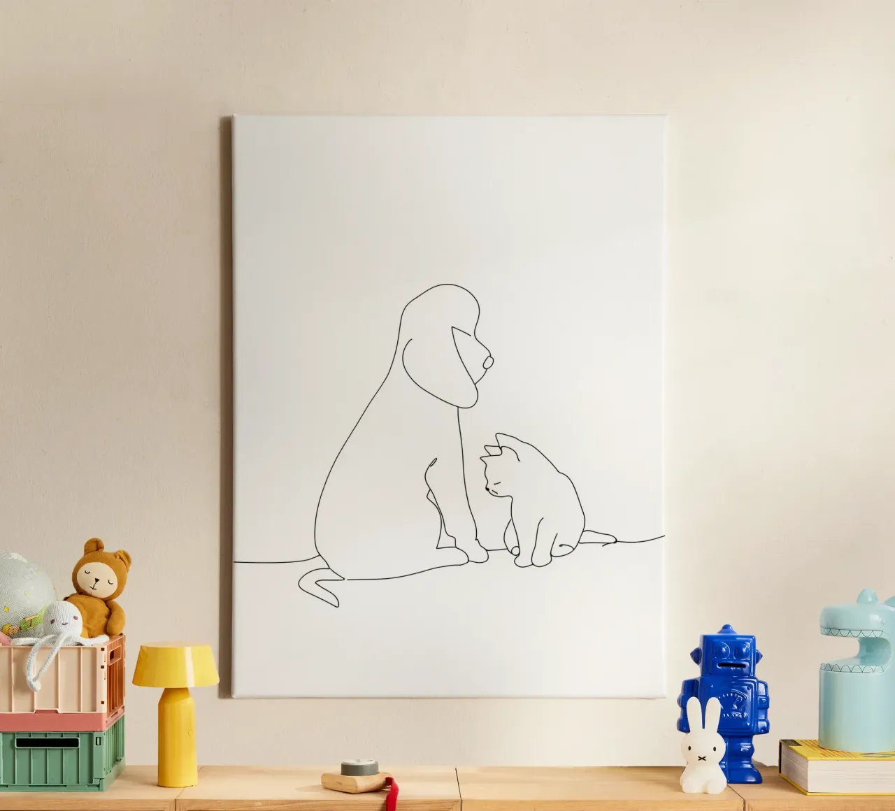 Minimalist Line Drawing of a Dog and Cat Sitting Together canvas with Floater frame by Viv Line Art