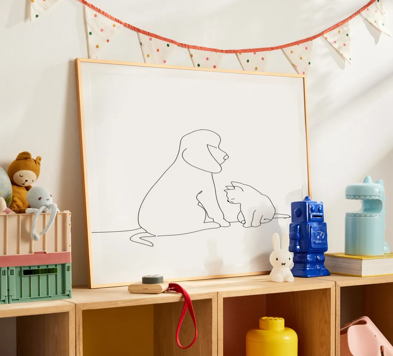 Dessin minimaliste d'un chien et d'un chat assis ensemble hahnemühle de Viv Line Art