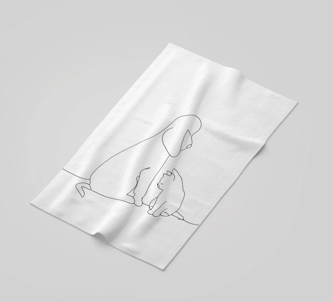 Disegno lineare minimalista di un cane e un gatto seduti insieme telo mare da Viv Line Art