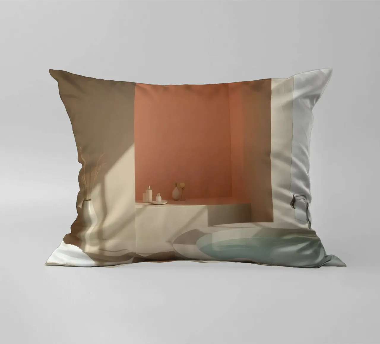 Luxurious bathroom with modern design featuring a large soak decorative cushion by DesignDoodle