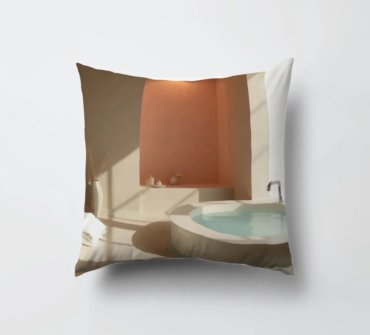 Luxurious bathroom with modern design featuring a large soak decorative cushion by DesignDoodle