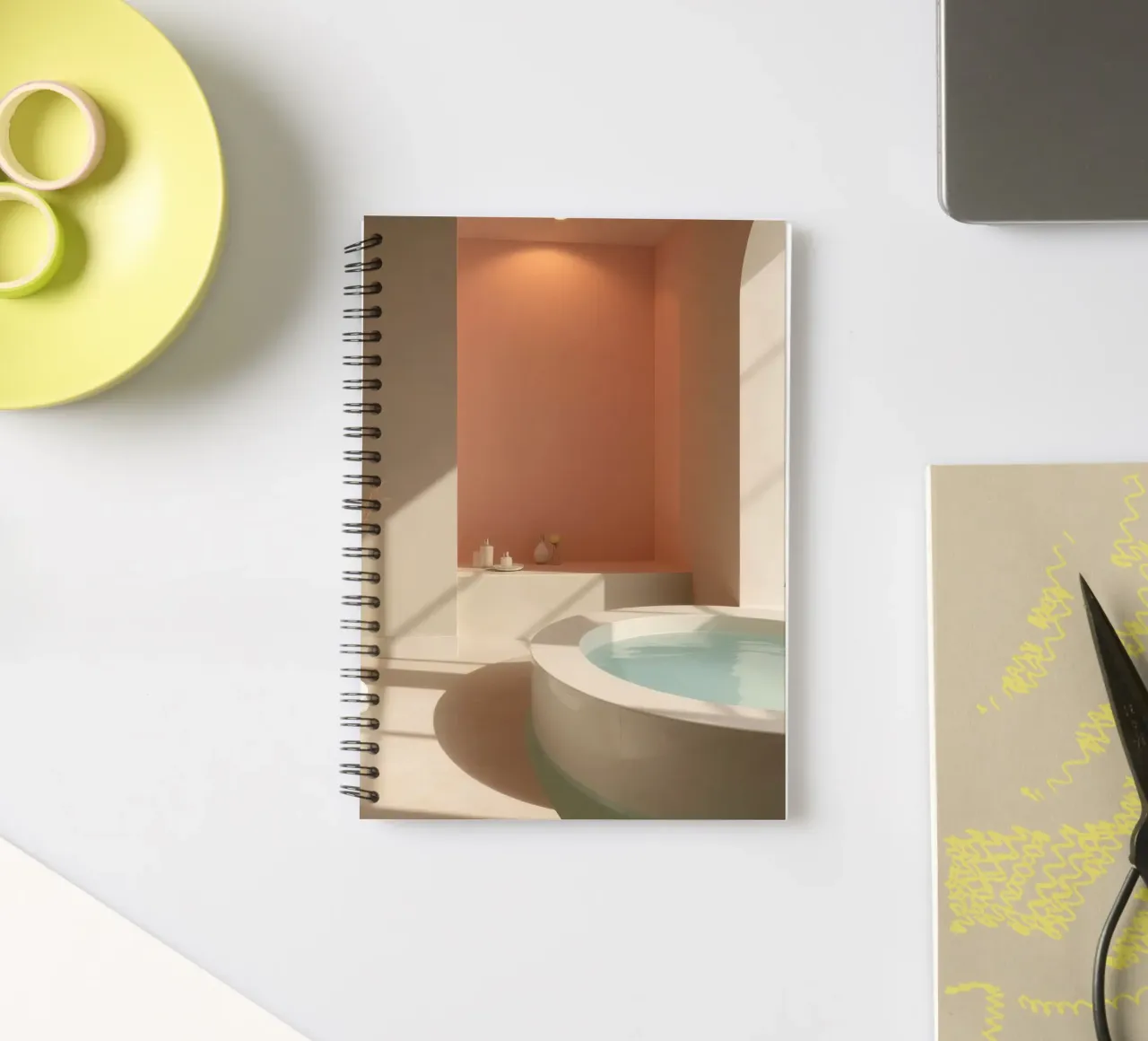 Luxurious bathroom with modern design featuring a large soak spiral notebook by DesignDoodle