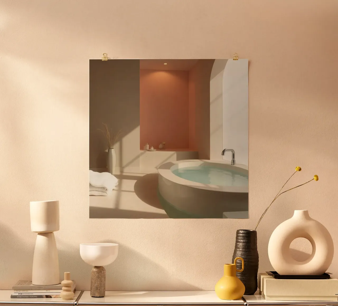 Luxurious bathroom with modern design featuring a large soak poster by DesignDoodle