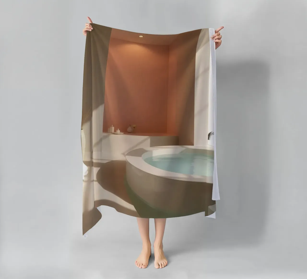 Luxurious bathroom with modern design featuring a large soak beach towel by DesignDoodle
