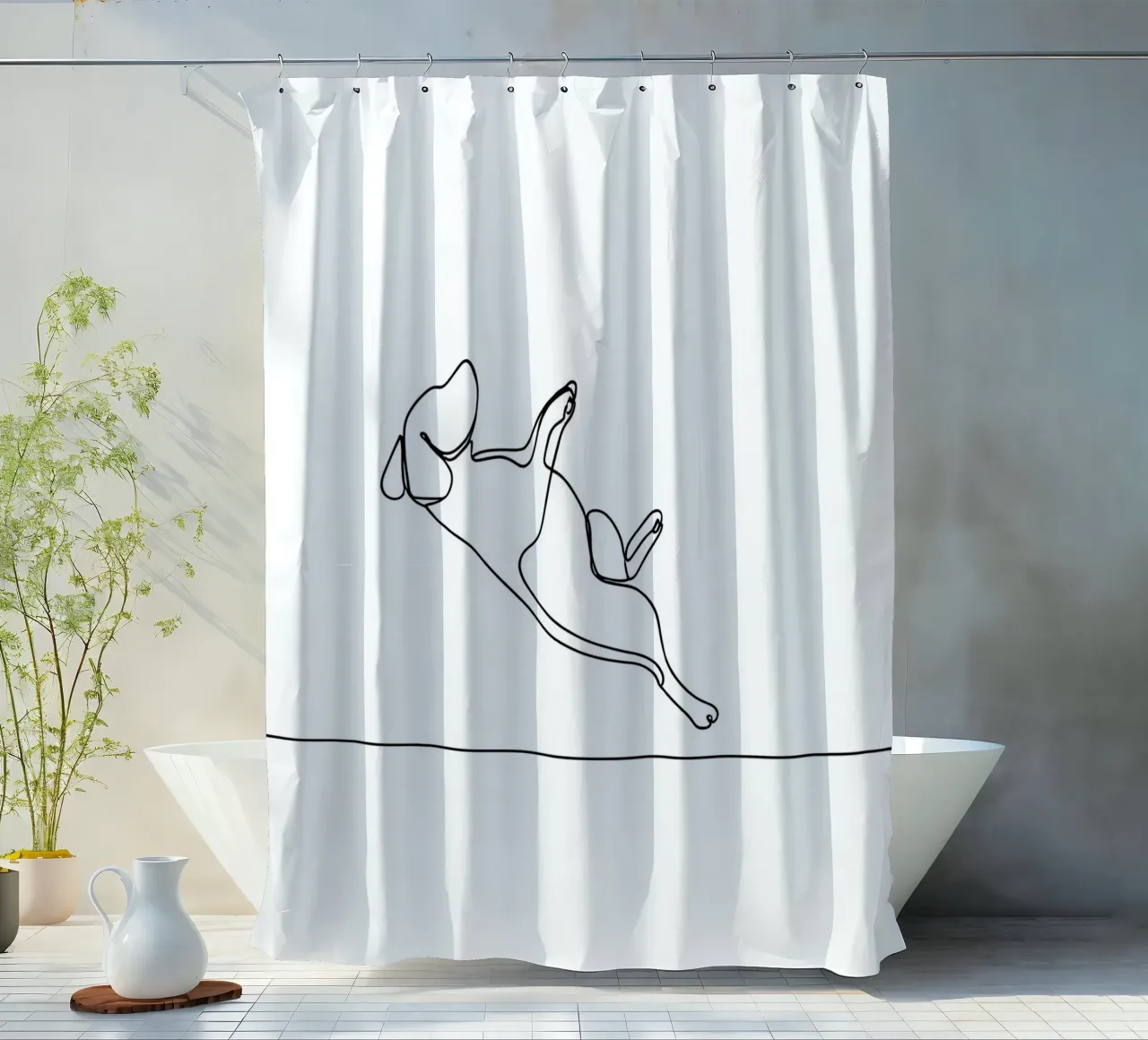 Minimalist Line Drawing of a Dog Flipping | Modern Abstract shower curtain by Viv Line Art