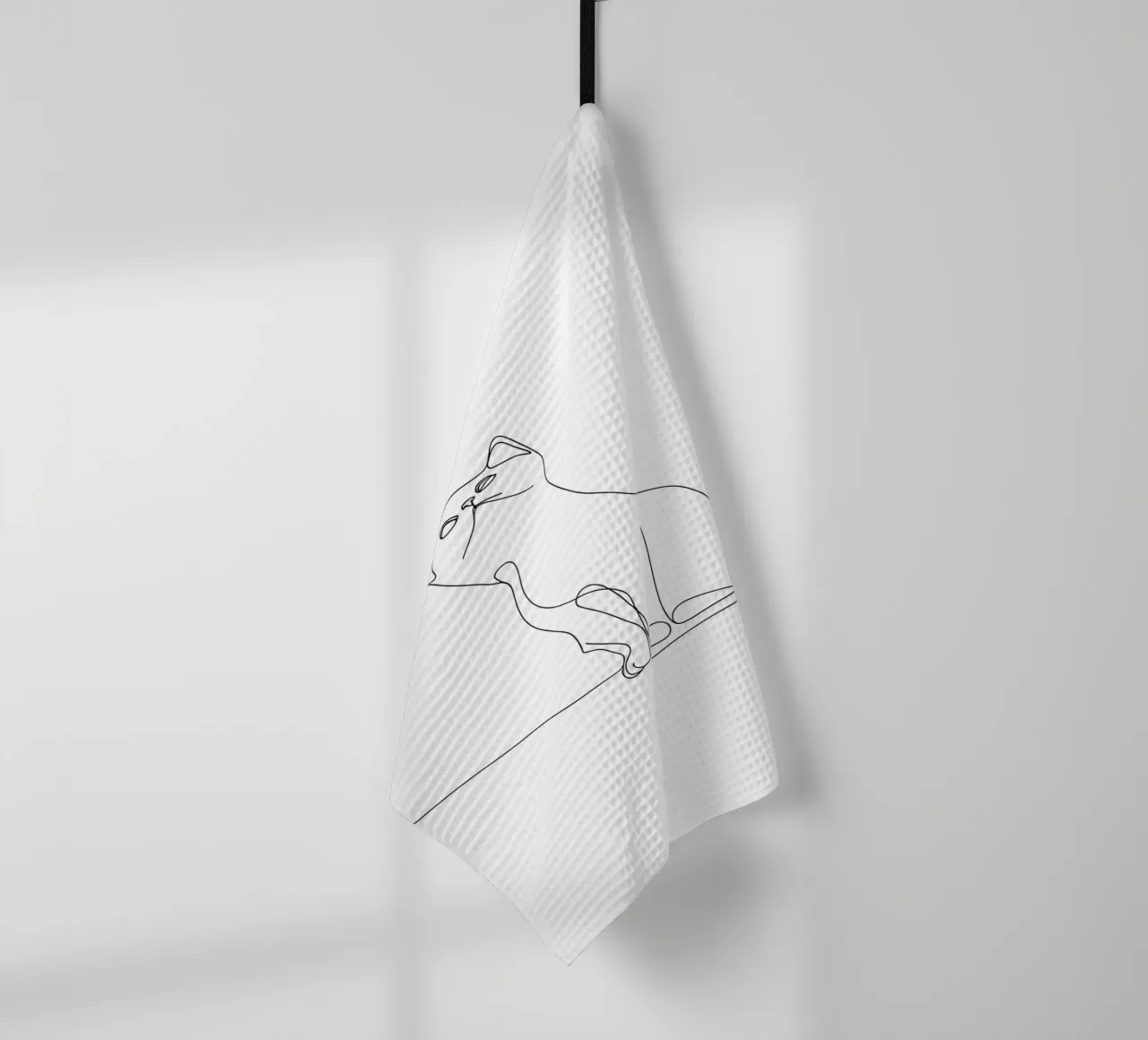 Dessin au trait minimaliste d'un chat mignon | Modern Abstract Art torchon de Viv Line Art