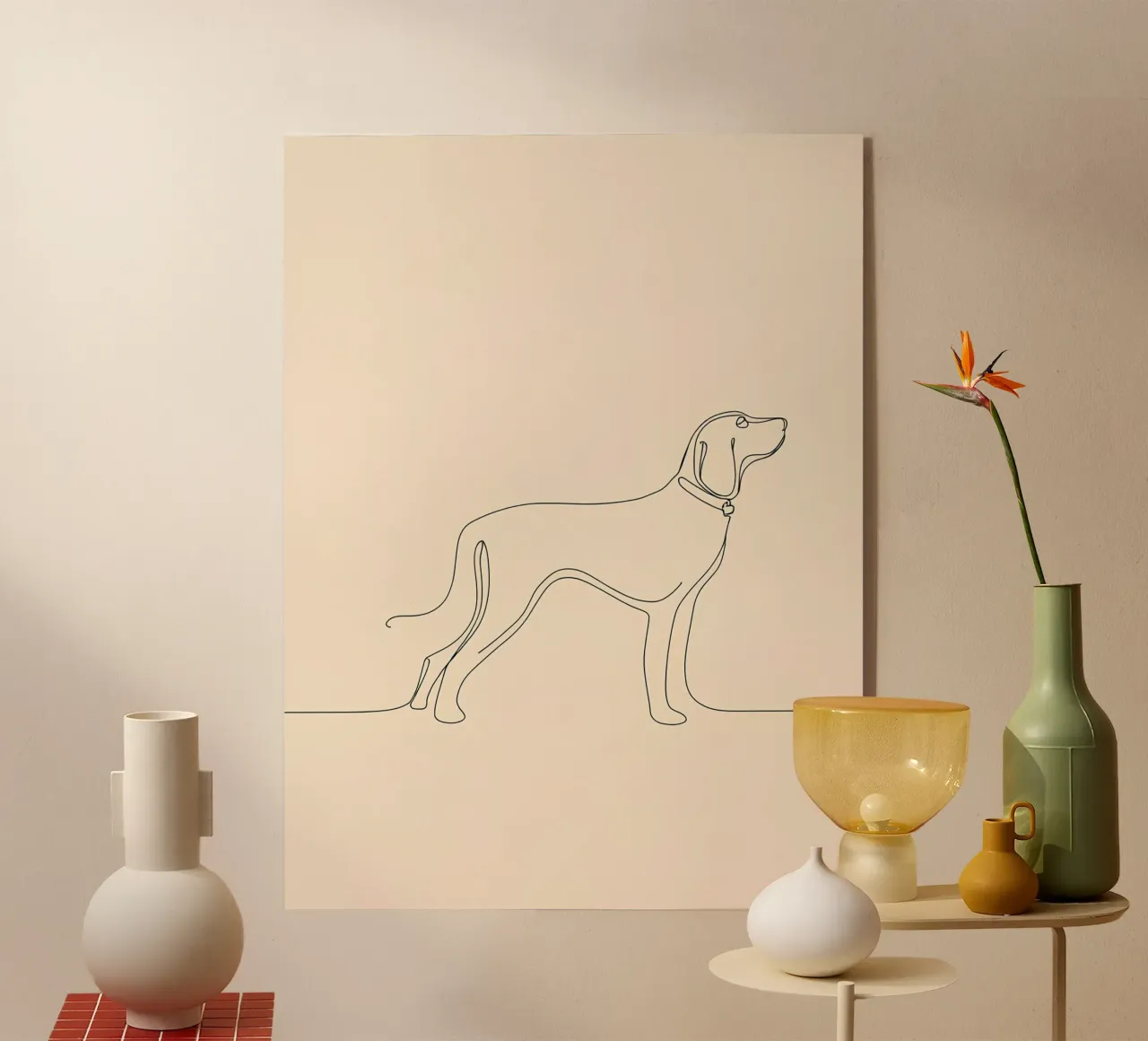 Disegno lineare minimalista di un cane a passeggio | Astratto moderno plexiglass da Viv Line Art