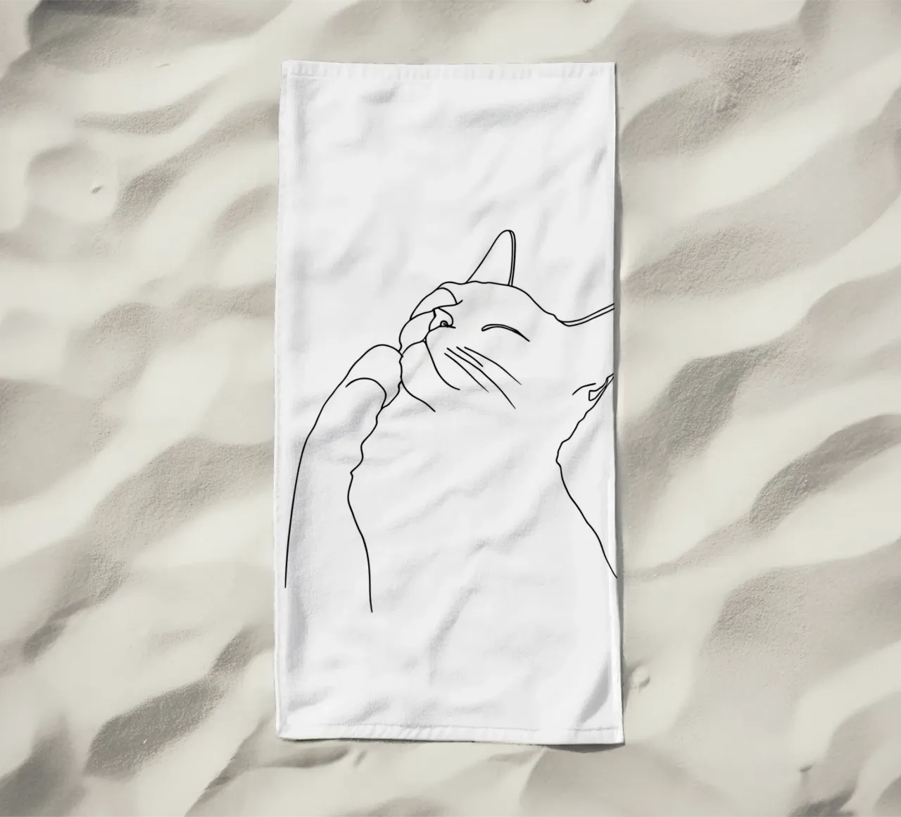 Disegno lineare minimalista di un gatto felice | Arte astratta moderna telo mare da Viv Line Art