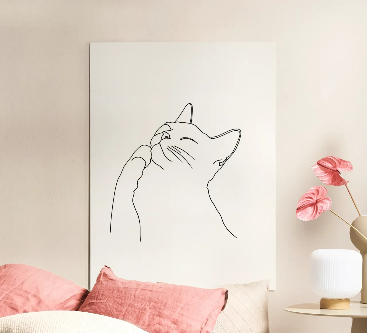 Disegno lineare minimalista di un gatto felice | Arte astratta moderna poster da Viv Line Art
