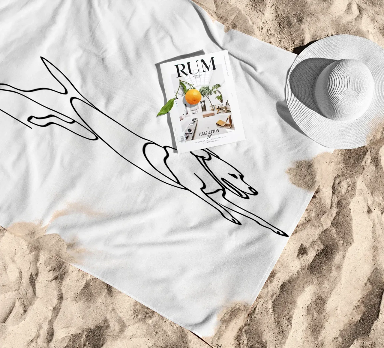 Minimalist Line Drawing of a Dog Running | Modern Abstract beach towel by Viv Line Art