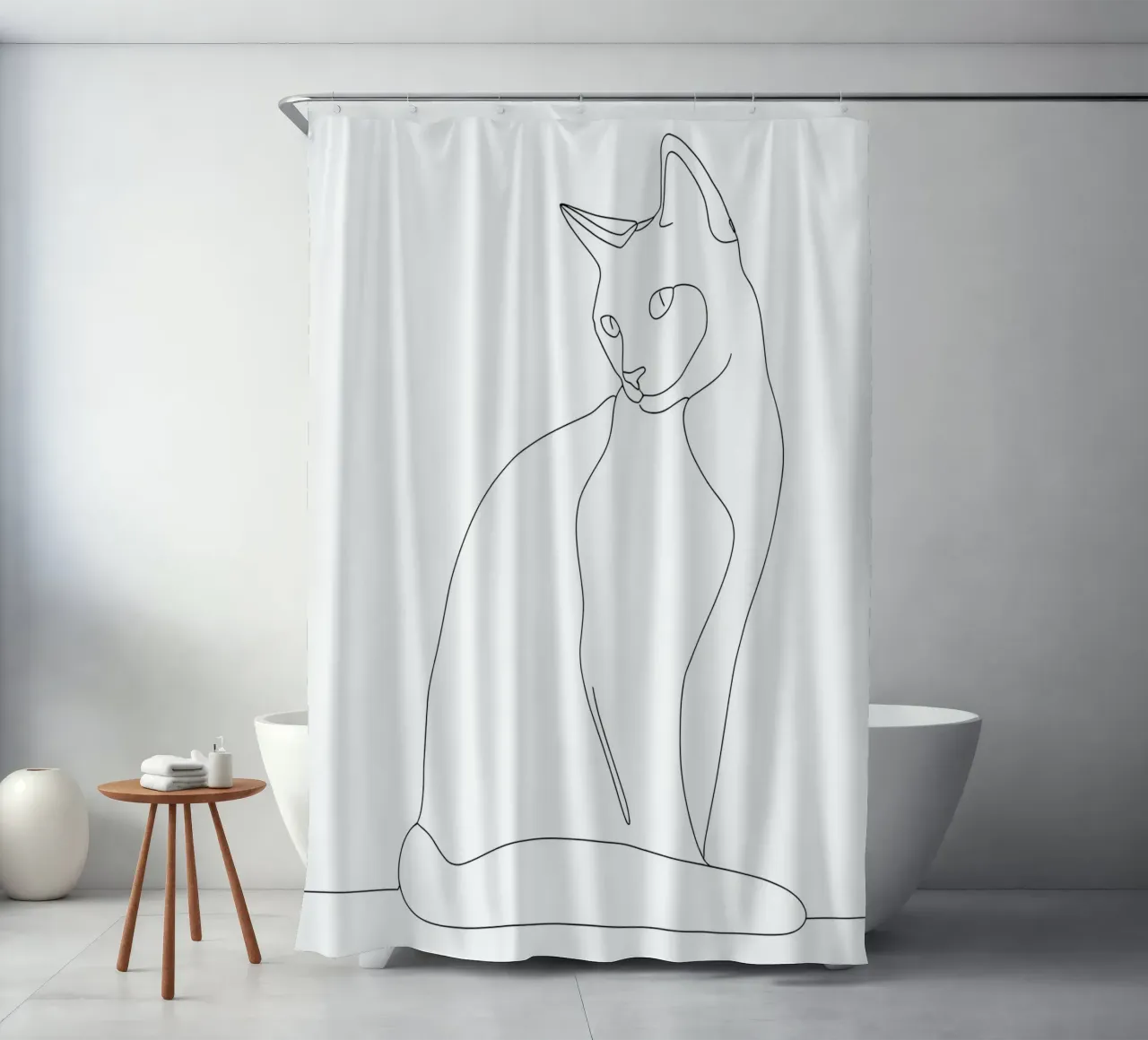Minimalist Line Drawing of a Cat Sitting Peacefully | Modern shower curtain by Viv Line Art