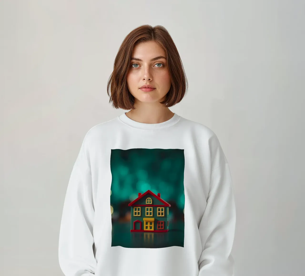 Casa giocattolo colorata su un tavolo con luci soffuse e sfocate felpa da DesignDoodle
