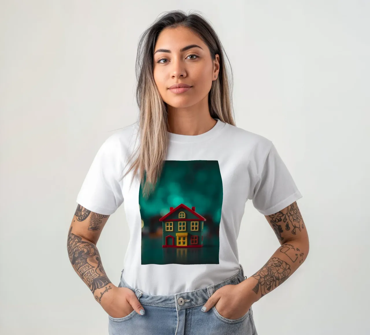 Casa giocattolo colorata su un tavolo con luci soffuse e sfocate t-shirt da DesignDoodle