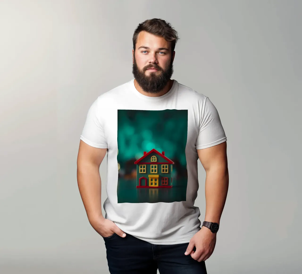 Casa giocattolo colorata su un tavolo con luci soffuse e sfocate t-shirt da DesignDoodle