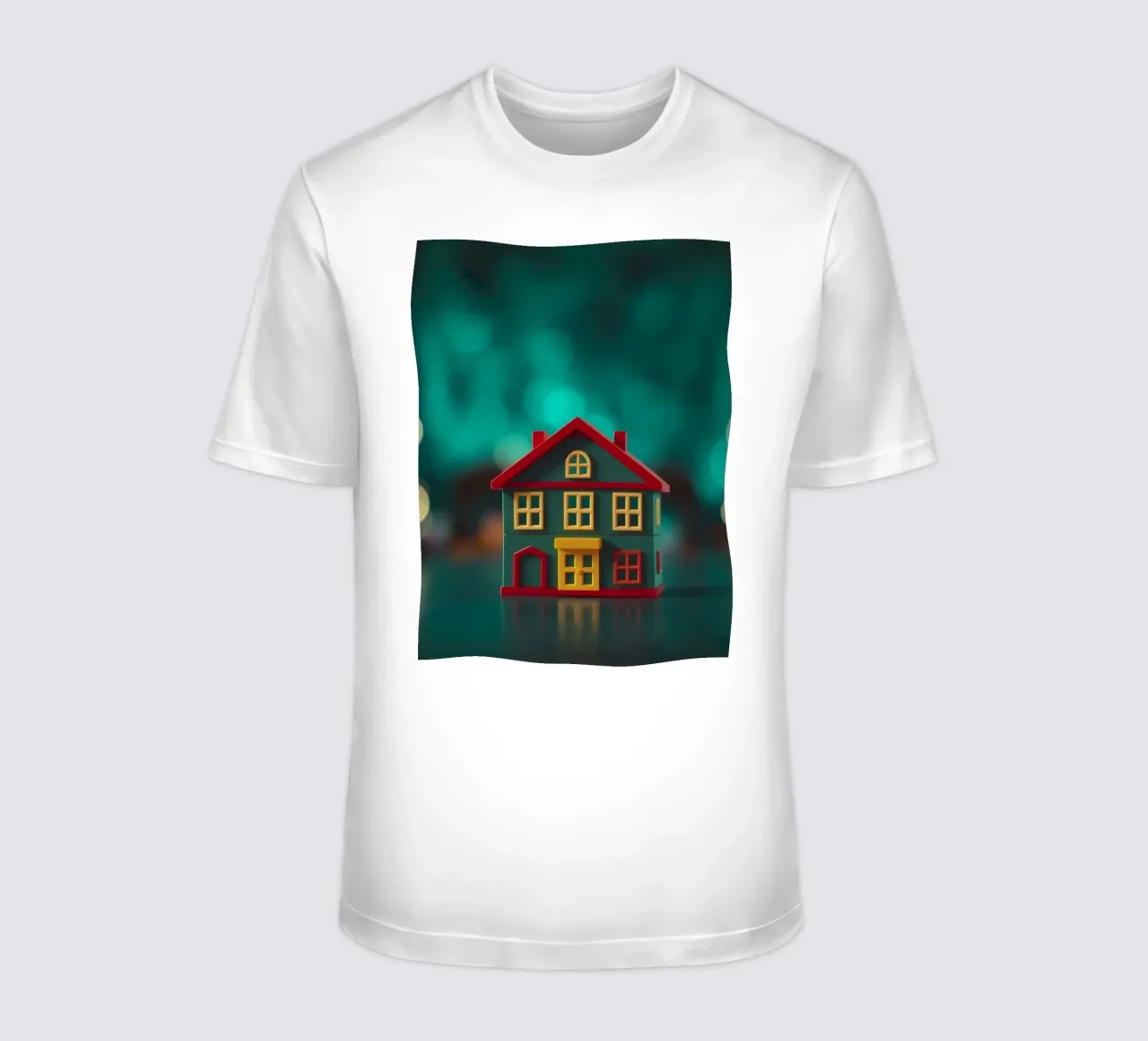 Casa giocattolo colorata su un tavolo con luci soffuse e sfocate t-shirt da DesignDoodle