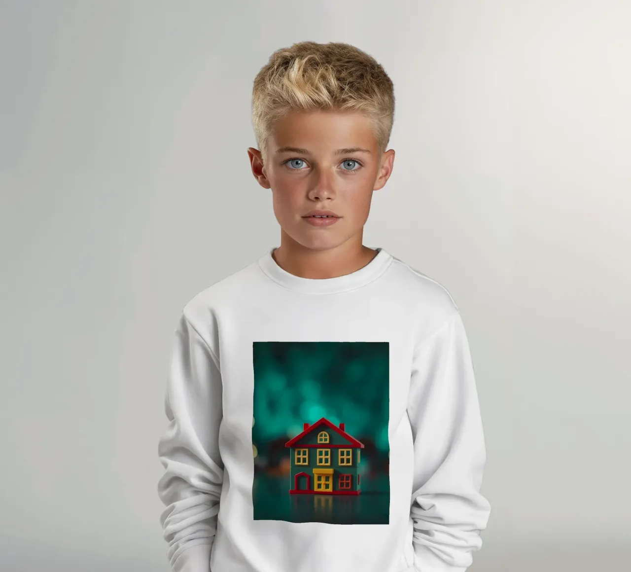Casa giocattolo colorata su un tavolo con luci soffuse e sfocate felpa bambino da DesignDoodle