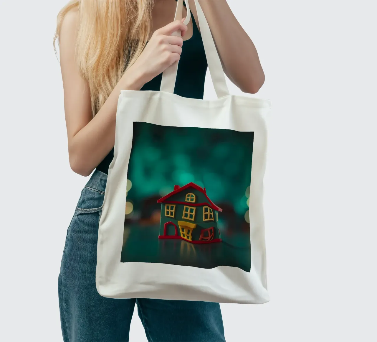 Colorful toy house on a table with soft blurred lights tote bag by DesignDoodle
