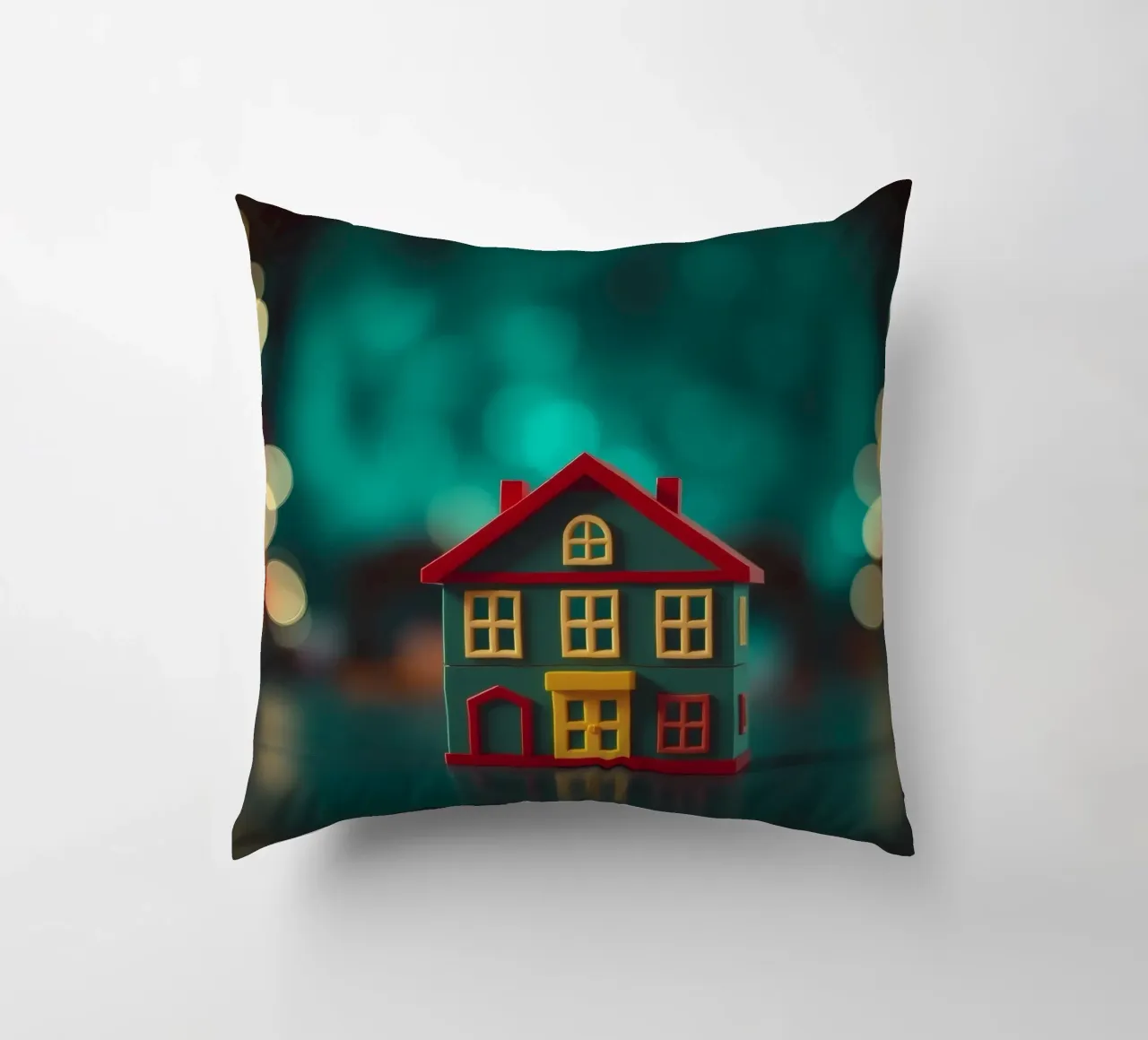 Casa giocattolo colorata su un tavolo con luci soffuse e sfocate cuscino da DesignDoodle