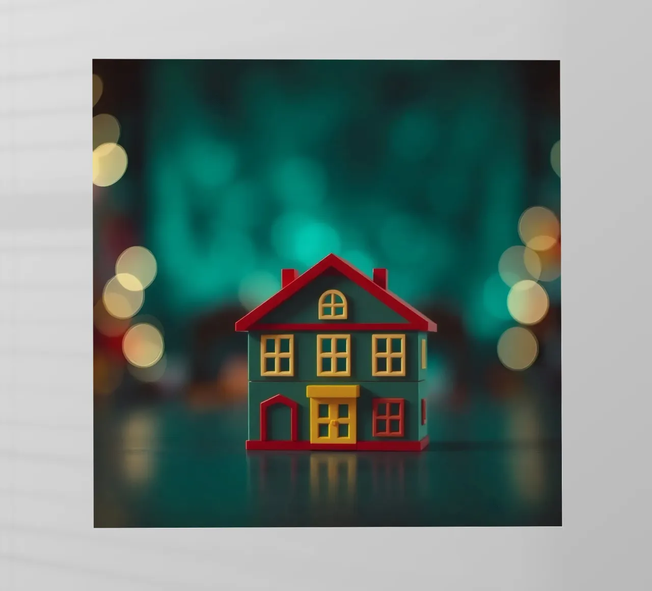 Casa giocattolo colorata su un tavolo con luci soffuse e sfocate pellicola backlit da DesignDoodle