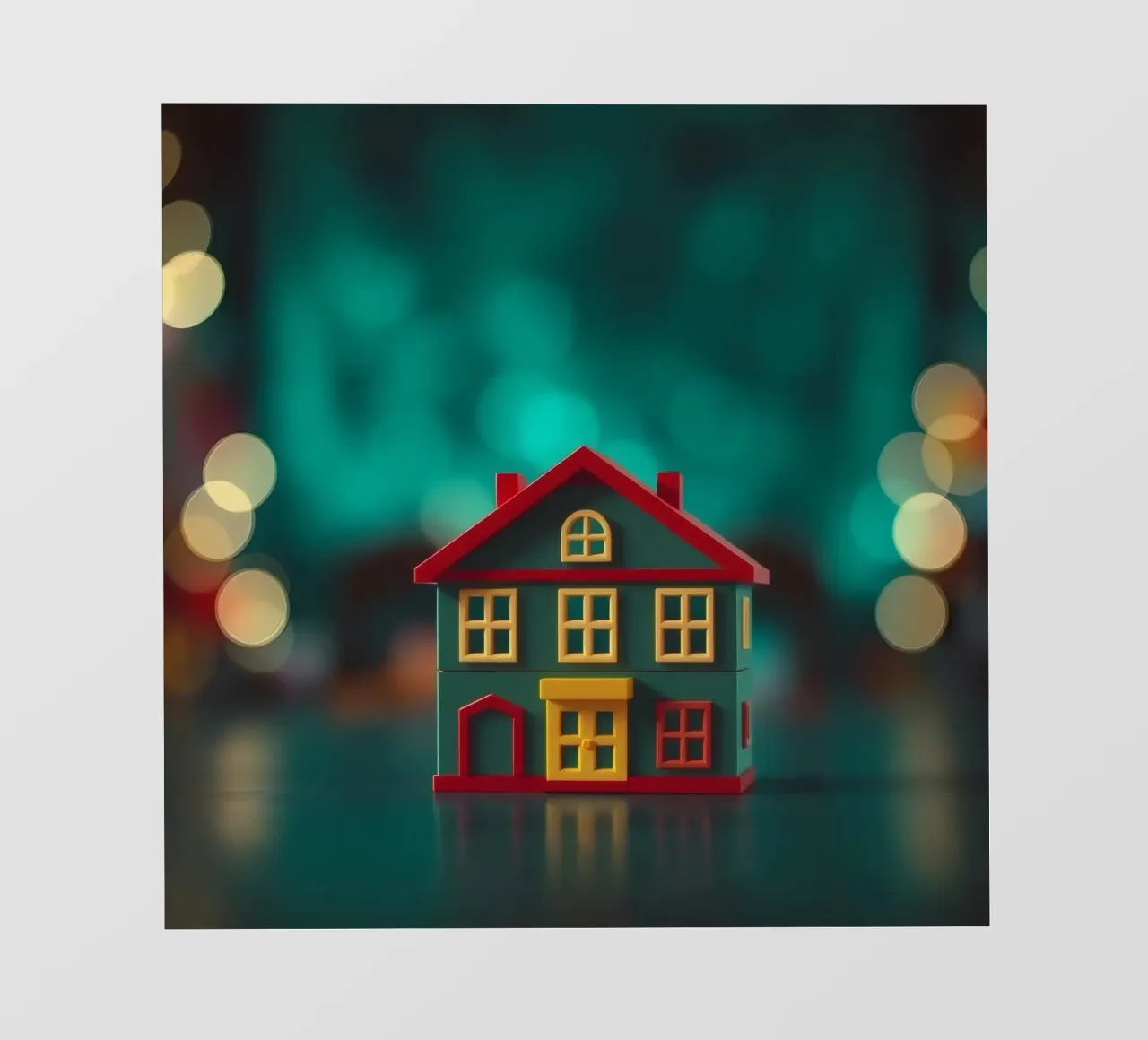 Casa giocattolo colorata su un tavolo con luci soffuse e sfocate pellicola backlit da DesignDoodle