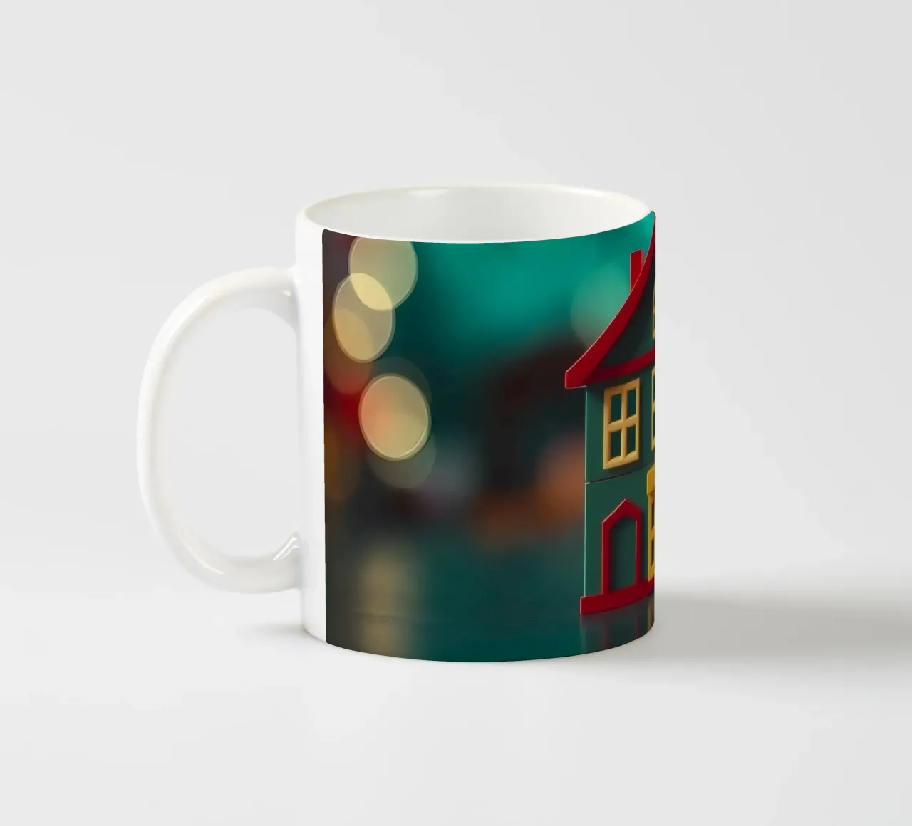 Casa giocattolo colorata su un tavolo con luci soffuse e sfocate tazza in ceramica da DesignDoodle