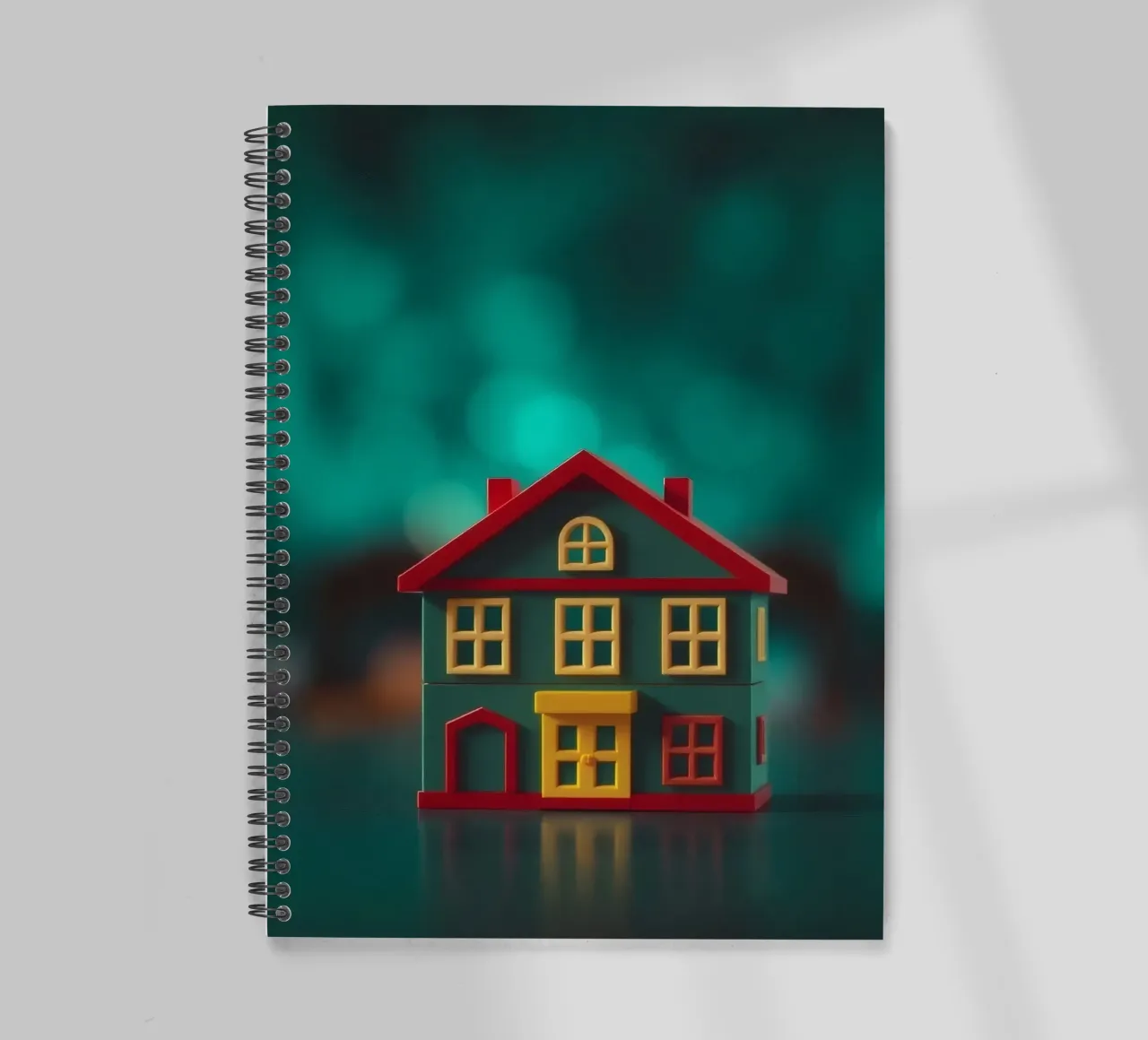 Colorful toy house on a table with soft blurred lights spiral notebook by DesignDoodle