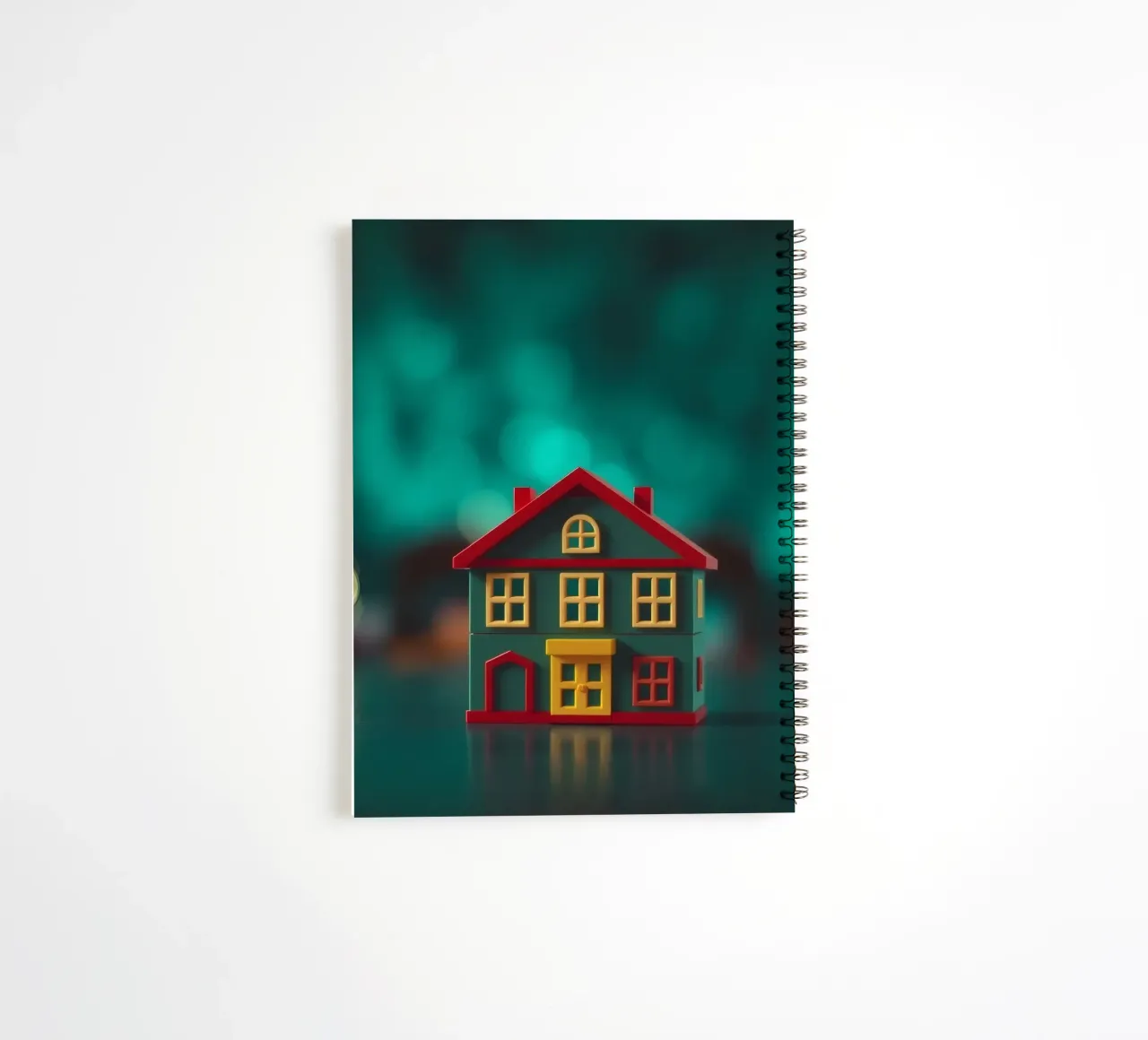Colorful toy house on a table with soft blurred lights spiral notebook by DesignDoodle