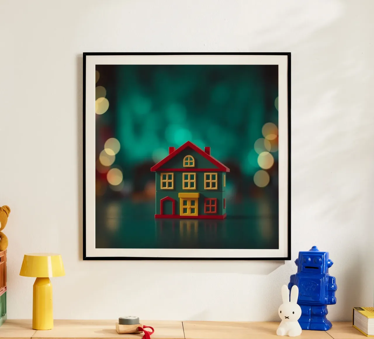 Casa giocattolo colorata su un tavolo con luci soffuse e sfocate carta hahnemühle da DesignDoodle