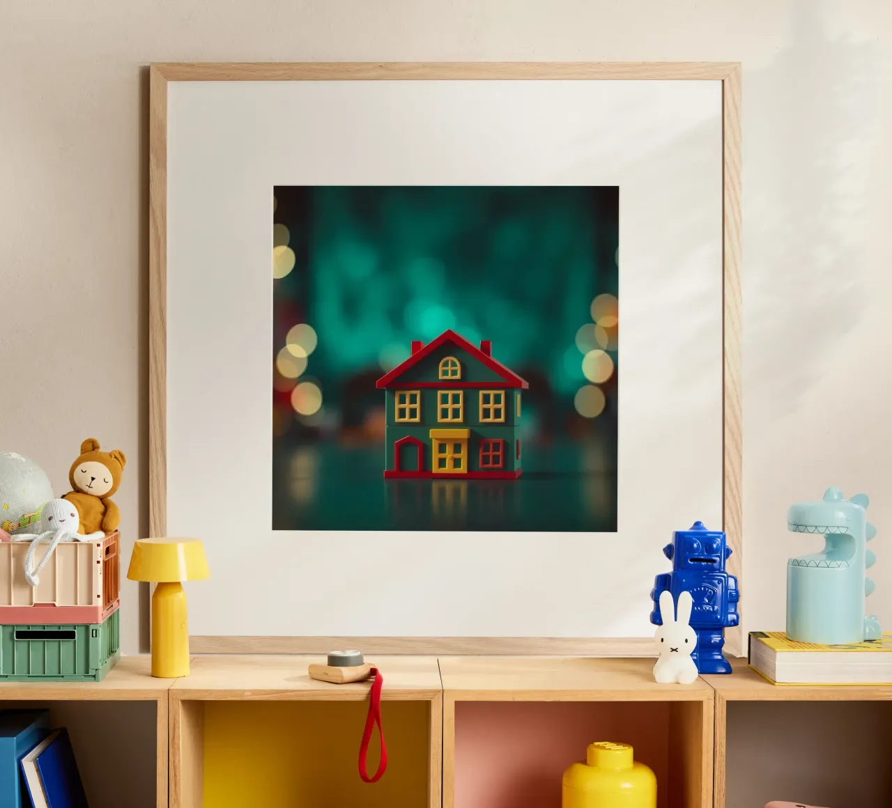 Casa giocattolo colorata su un tavolo con luci soffuse e sfocate carta hahnemühle da DesignDoodle
