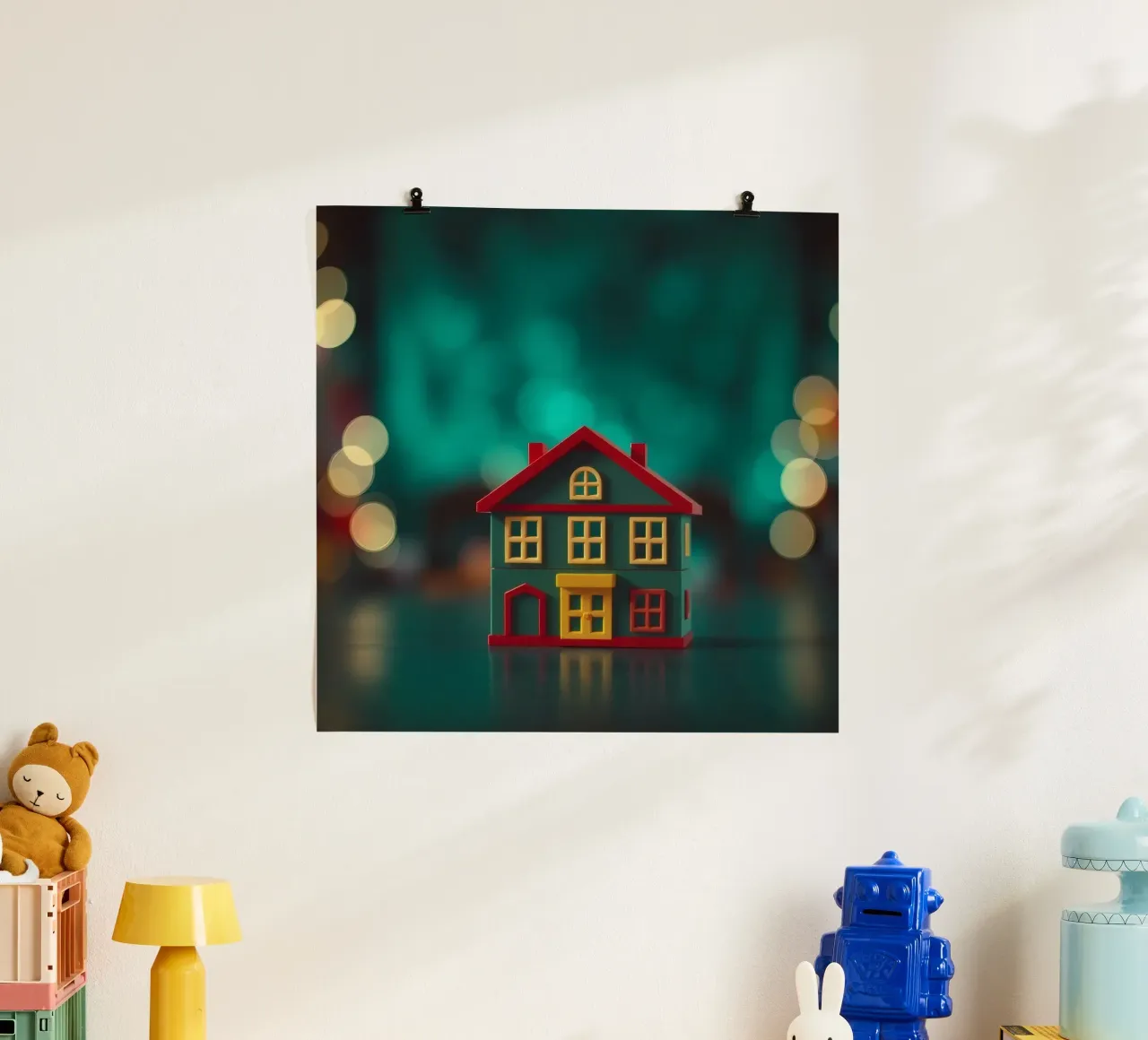 Casa giocattolo colorata su un tavolo con luci soffuse e sfocate carta hahnemühle da DesignDoodle