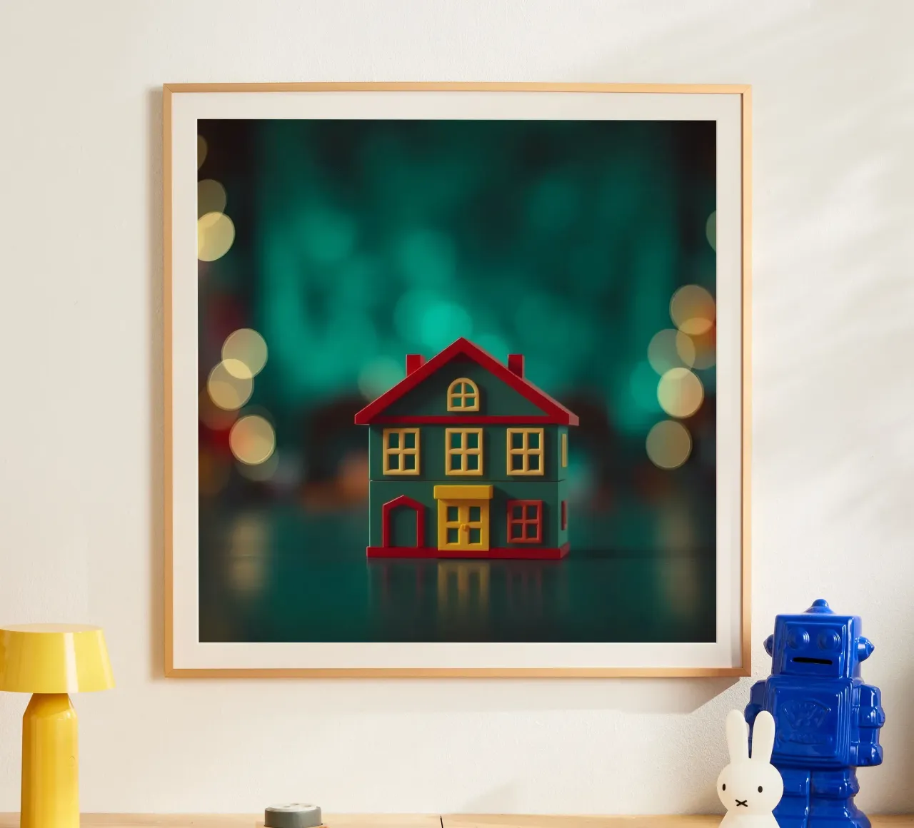 Casa giocattolo colorata su un tavolo con luci soffuse e sfocate carta hahnemühle da DesignDoodle