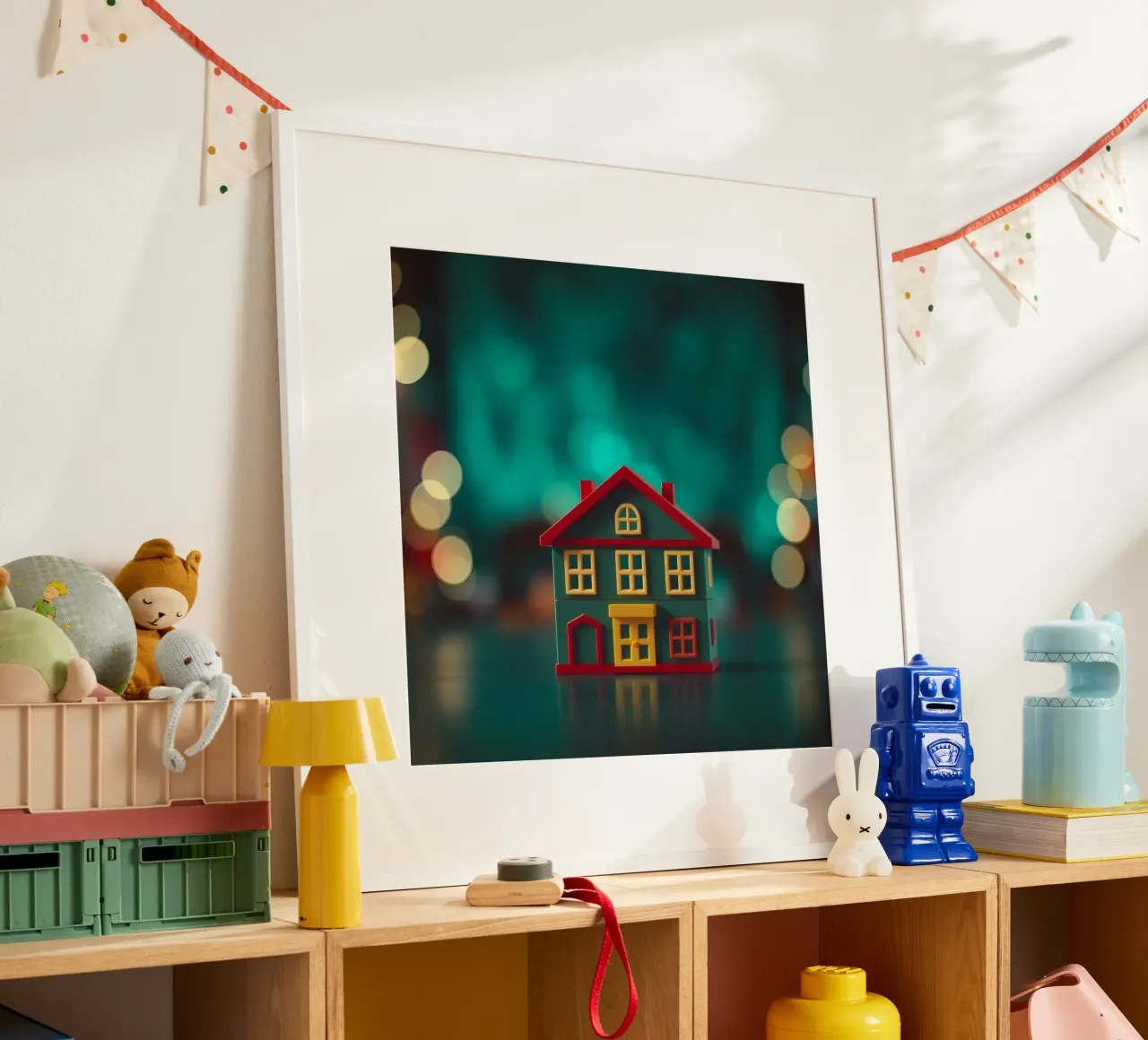 Casa giocattolo colorata su un tavolo con luci soffuse e sfocate carta hahnemühle da DesignDoodle