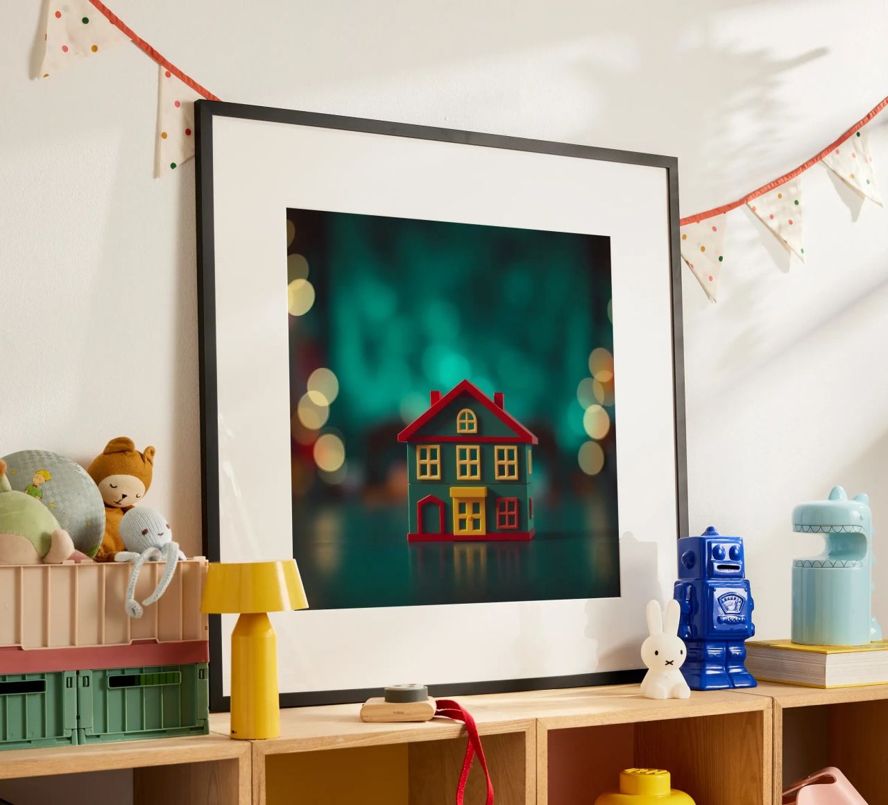 Bunte Spielzeug Haus auf einem Tisch mit weichen verschwommenen Lichtern Poster von DesignDoodle
