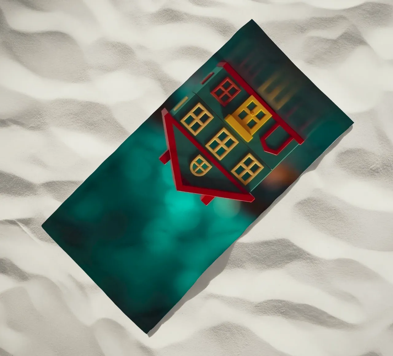 Casa giocattolo colorata su un tavolo con luci soffuse e sfocate telo mare da DesignDoodle