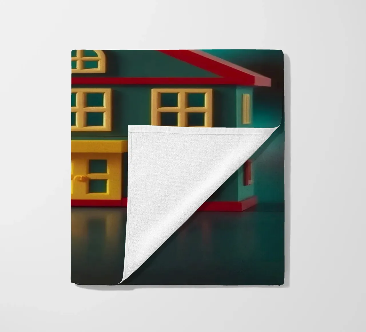 Casa giocattolo colorata su un tavolo con luci soffuse e sfocate telo mare da DesignDoodle