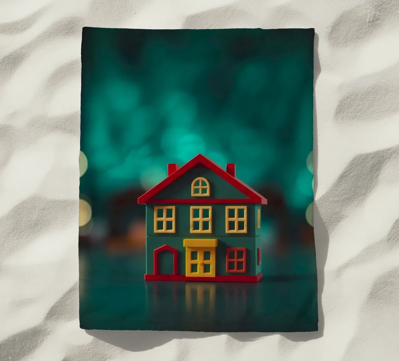 Casa giocattolo colorata su un tavolo con luci soffuse e sfocate telo mare da DesignDoodle