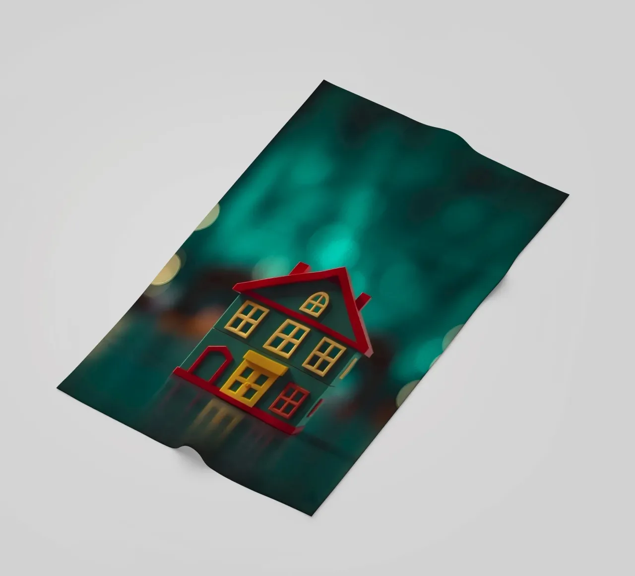 Casa giocattolo colorata su un tavolo con luci soffuse e sfocate telo mare da DesignDoodle