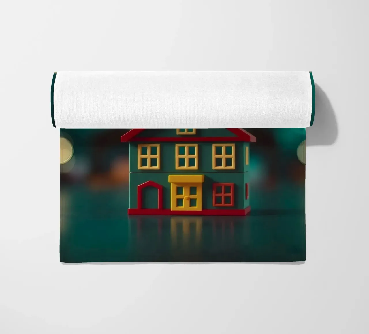 Casa giocattolo colorata su un tavolo con luci soffuse e sfocate telo mare da DesignDoodle