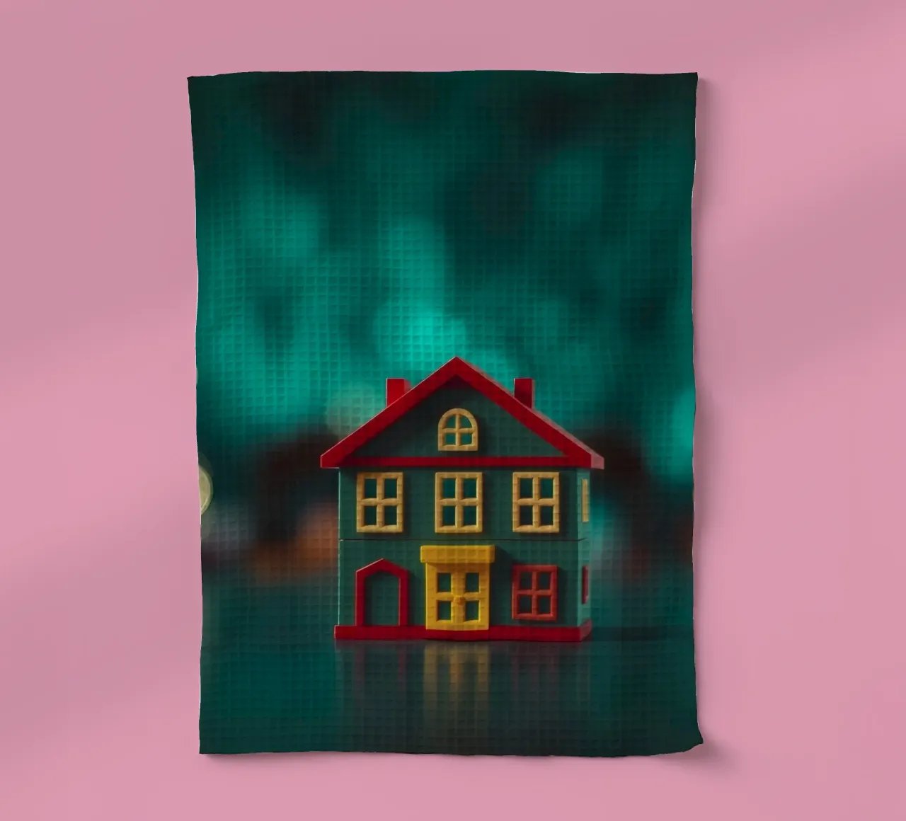 Maison colorée sur une table avec des lumières douces et floues torchon de DesignDoodle